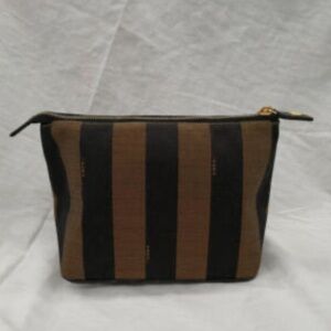 FENDI Authentic Vintage Pequin striped Black Canvas Leather trim pouch